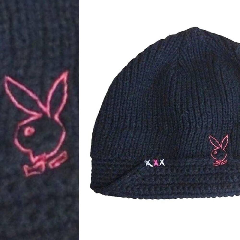 VTG Y2K PLAYBOY Bunny Black Knit Pink Embroidered Beanie Hat RARE 00s